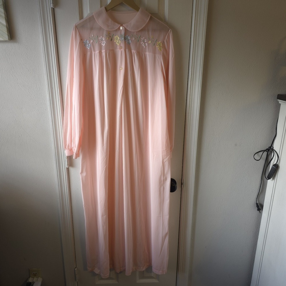 Artemis Vintage Long Nightgown Pink Collared 3 Button Sheer Floral Size 38